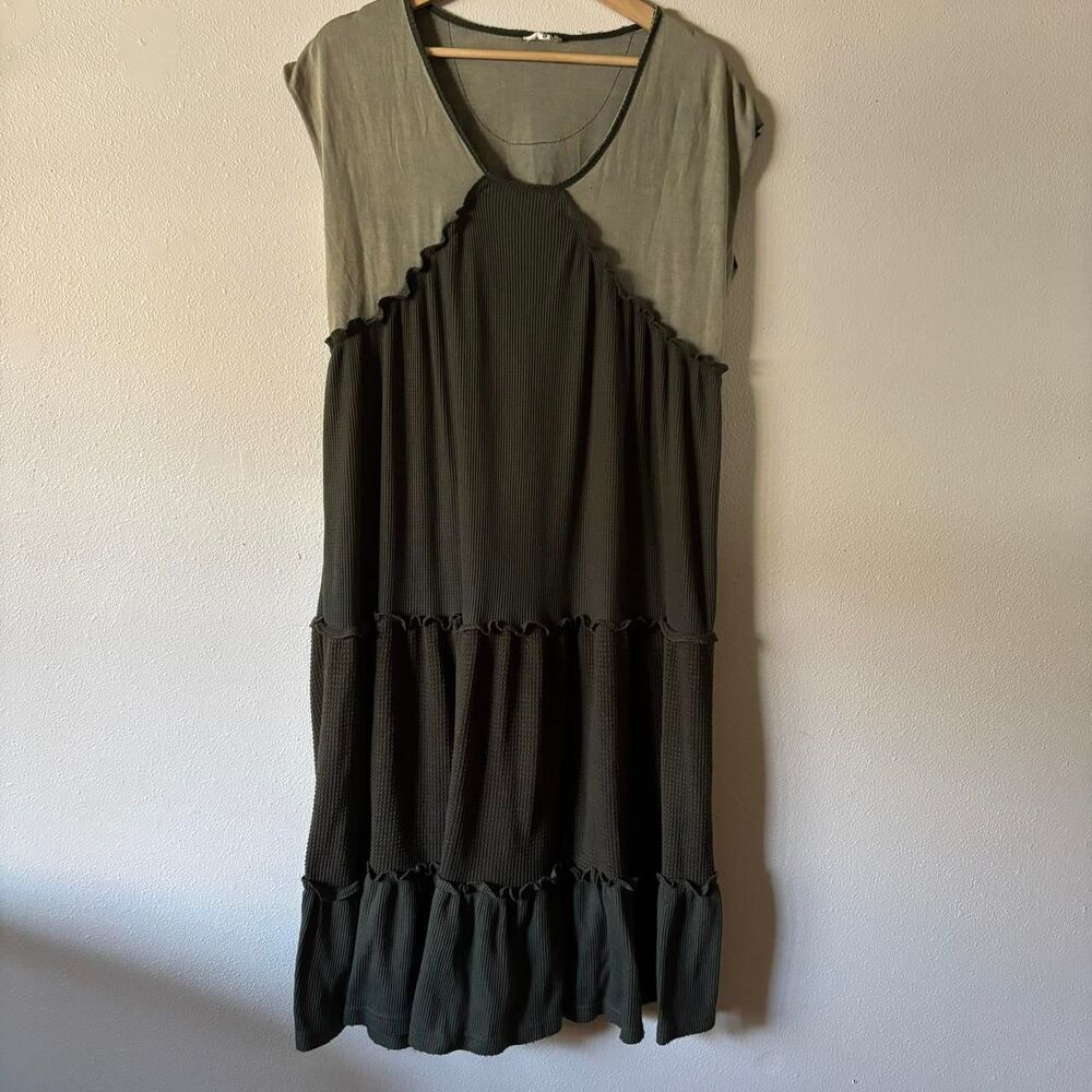 POL Two-Tone Olive Green and Dark Olive Tiered Dress